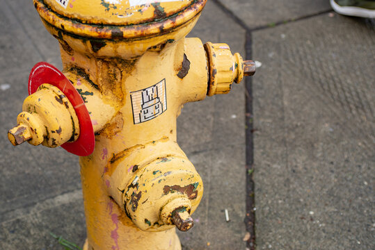 Bright yellow fire hydrant on a Seattle street, Washington State. Vivid urban travel and holiday photography capturing an iconic piece of American street furniture in the Pacific Northwest.