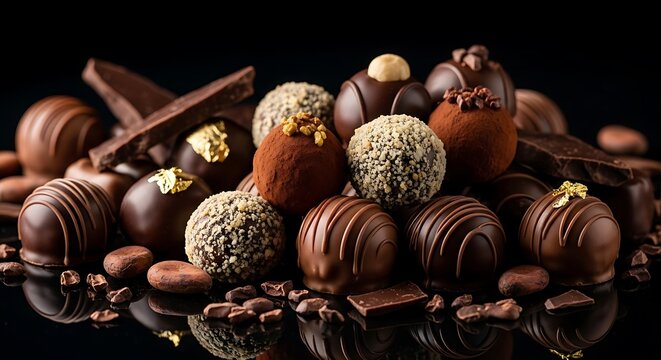 Assortment of Gourmet Chocolate Truffles and Dark Chocolate Pieces on Black Background