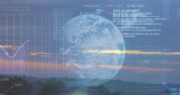 Animation of binary coding data processing over globe and landscape