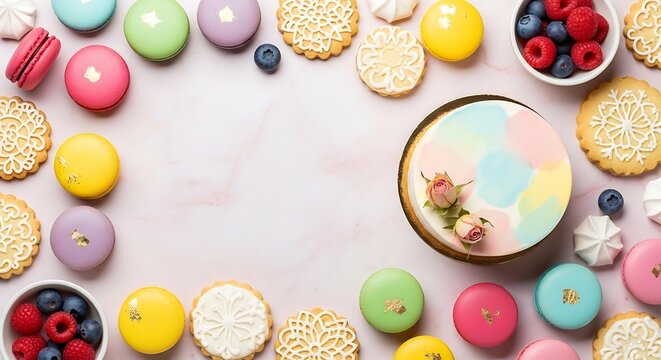 Colorful Assortment of Desserts: Macarons, Cookies, Cake, and Berries on Pink Marble Background