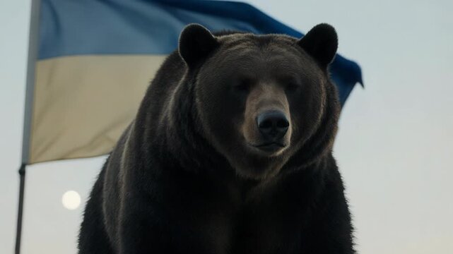 Majestic grizzly bear stands tall against backdrop of fluttering flag and celestial sphere
