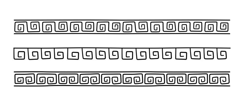 Greek doodle seamless border. Roman hand drawn ornament line. Doodle decoration ancient pattern. Handdrawn Greek ethnic repeat stripe. Vector illustration isolated on white background.