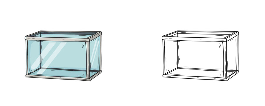 Cartoon glass aquarium illustration in colored and black line art styles light blue and grey tones empty rectangular fish tank for pet shop isolated on white background