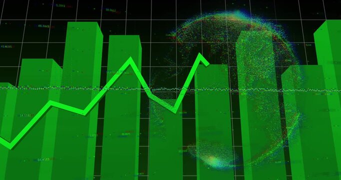 Animation of graphs and financial data over globe and black background