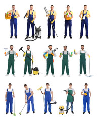 Fototapeta premium Cleaning service workers with supplies. Collection of portraits on white background