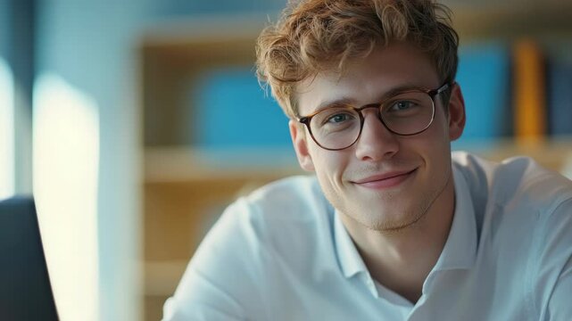 Young man wearing glasses smiling at his desk in office setting, dressed in business attire, showing contentment and satisfaction.