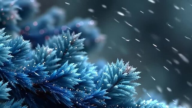 Blue pine tree branches in snowfall.