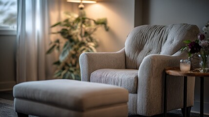 Fototapeta premium Medium shot of a calming therapy room with soft lighting and comfortable armchair focused blurred background with neutral tones creating a safe space for individual counseling.