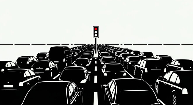 Heavy traffic jam on highway with red traffic light ahead.