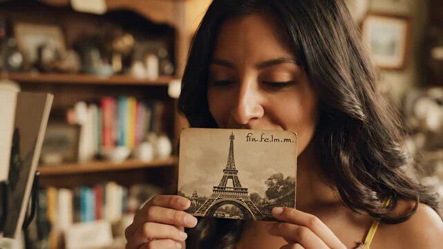 Young woman smiling while holding vintage postcard featuring eiffel tower in cozy antique shop setting nostalgic travel