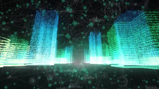 Animation of network of connections over 3d city model against black background