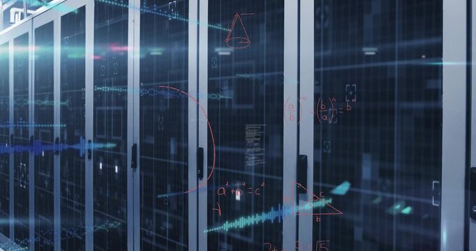 Animation of purple light trails over computer servers