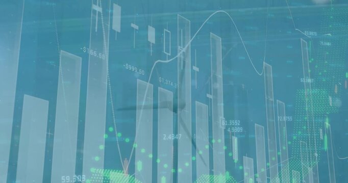 This animation shows financial data and graphs changing on a black background