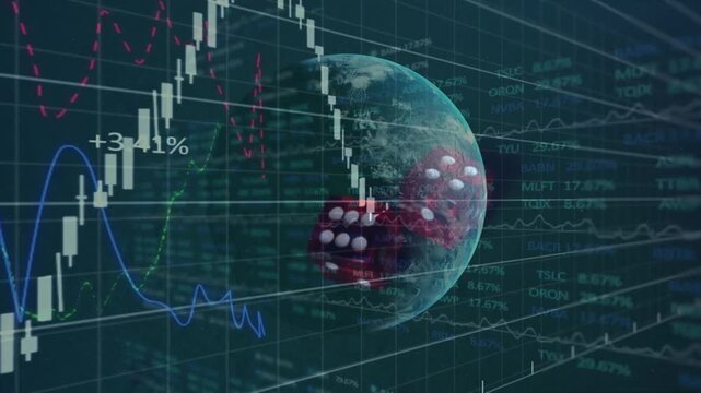Animation of data processing and globe over dices