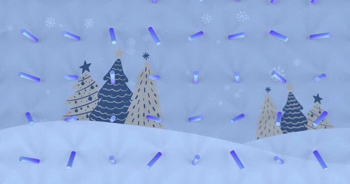 Animation of blue abstract shapes in seamless pattern over christmas tree icons on winter landscape