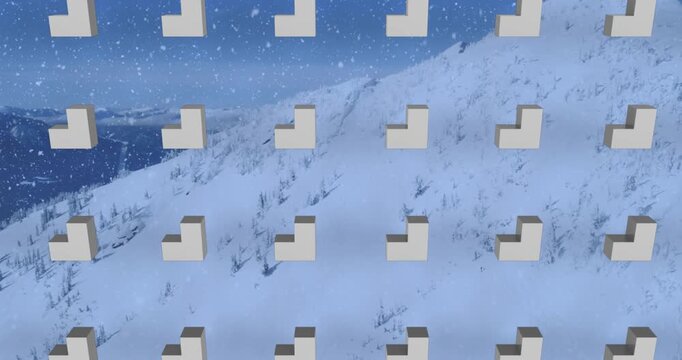 Animation of rows of abstract shapes pattern and christmas snow falling over winter scenery
