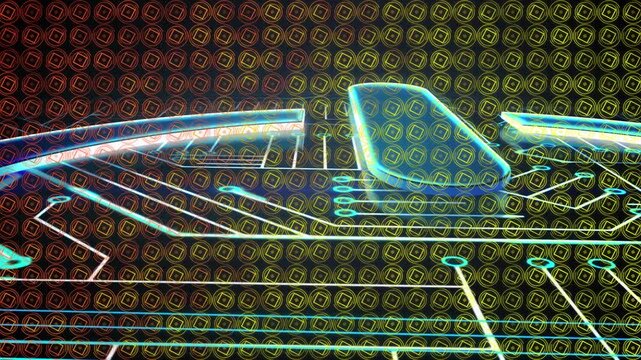 Animation of microprocessor connections over abstract shape pattern design against black background