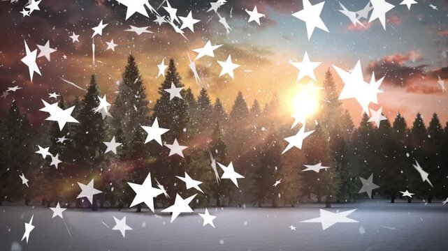 A digital animation of snow falling on a forest in a snowy landscape