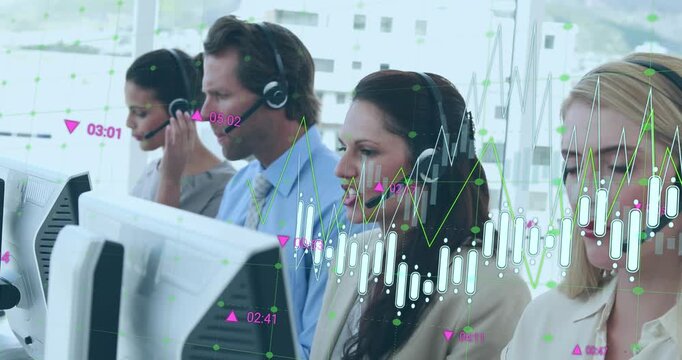 Animation of financial data processing over diverse business people