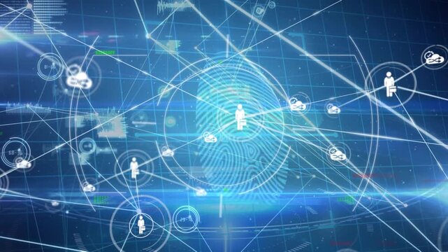 Animation of connected icons with lens flare over fingerprint against abstract background