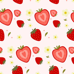 Seamless pattern featuring fresh whole strawberries, berry slices, and white blossoms. Vibrant summer fruit texture for textile design, wallpaper, and kitchen packaging. © Jennie