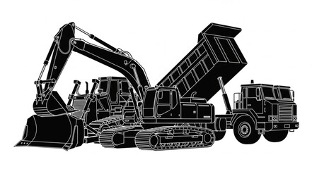 Heavy Construction Excavator and Dump Truck Illustration. © Kar
