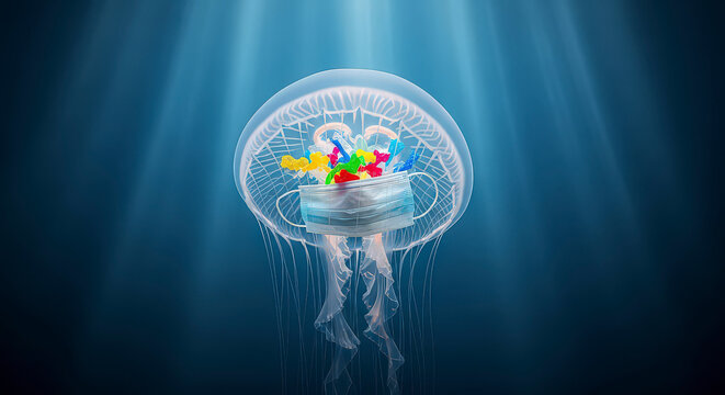 Jellyfish with medical mask and colorful plastic debris inside its bell symbolizes ocean pollution and environmental impact of waste in sea.