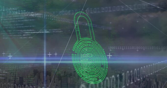 Animation of network of connections and security padlock icon against aerial view of cityscape