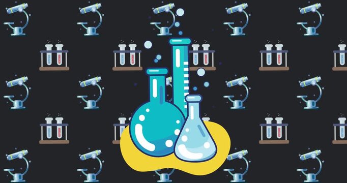 Animation of chemistry and telescope school icons on black background