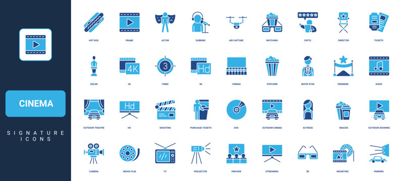 Cinema, video film premiere, movie production, entertainment, actor and actress stars glyph icon set. Ticket and popcorn of theatre auditorium, critics solid symbols vector illustration
