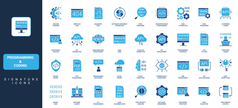 Programming and coding, program code and software, application development glyph icon set. Develop web interface, cybersecurity and data encryption solid symbol vector illustration