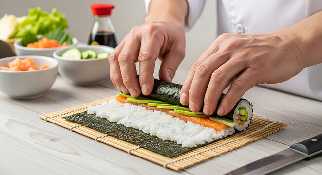 Chef rolling sushi with salmon and avocado on bamboo mat, close-up
