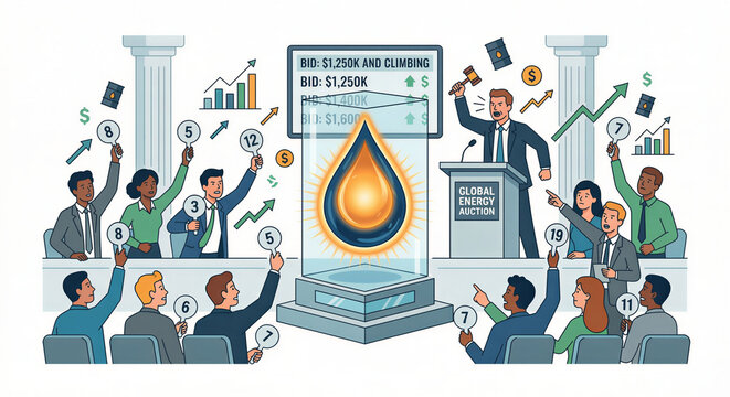 Global Energy Auction Bidding Frenzy for a Sustainable Future, Illustrating the High Stakes and Competition in the Renewable Energy Market