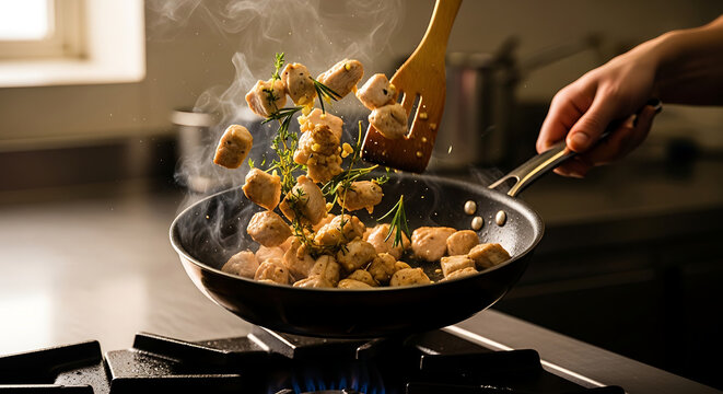 Chef tossing chicken pieces with herbs in a hot frying pan on a gas stove