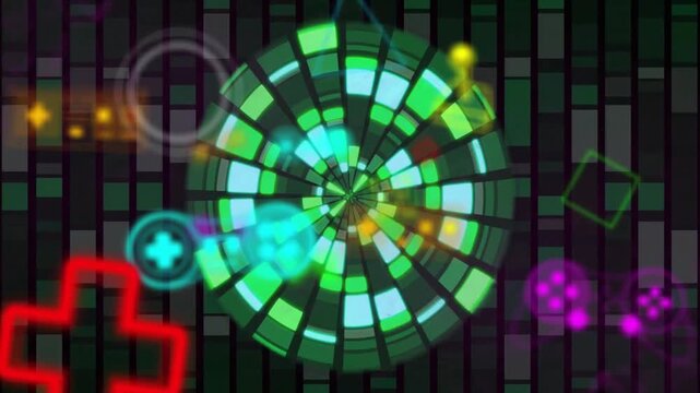 Animation of neon gaming icons over green and gray shapes moving