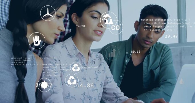 Animation of eco icons and data processing over diverse business people in office