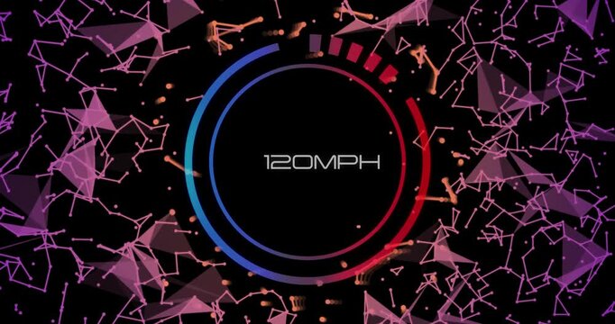 Animation of digital connections over speedometer on black background