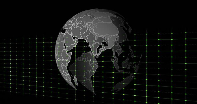 Green heartbeat animation over world map with grid lines in background