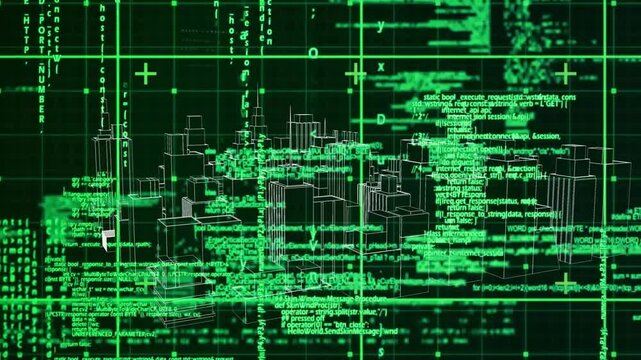 green code streams materializing and scrolling driving cityscape panning and reshaping simulation