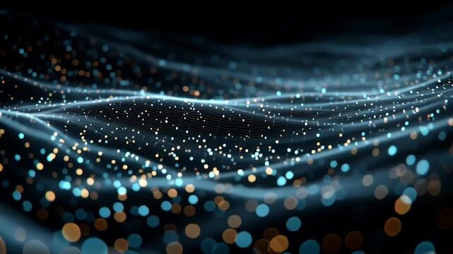 Glowing digital wave particles in motion.