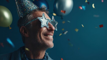 Naklejka premium Birthday celebration theme for party event. A man wearing a festive party hat and sunglasses, surrounded by colorful balloons and confetti. The background is a deep blue.