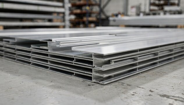 Industrial setting with aluminum door threshold extrusions stacked neatly emphasizing their lowprofile shape and suitability for weatherresistant door installations.