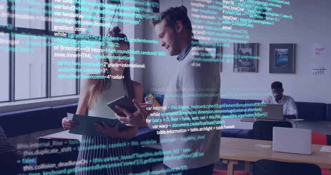 Man tapping tablet initiating review in office, woman checking folder, both using tech overlay
