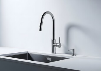 Fototapeta premium A gleaming chrome faucet rises gracefully above the sink, complemented by a matching soap dispenser, creating a harmonious kitchen arrangement that suggests style and functionality in food