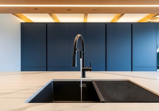 The sleek, dark faucet atop a bright countertop stands in striking contrast to the paneled navy blue cabinetry, creating a sophisticated culinary space that blends form and function with natural