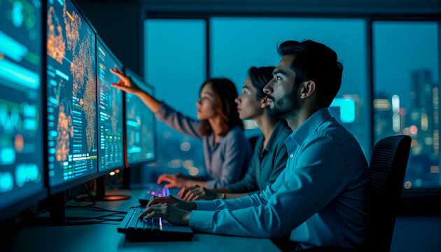 Professional cybersecurity analysts monitoring threat data on large screens in a modern high-tech operations center.