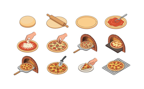 Step-by-step illustration of making a delicious pizza from dough to oven