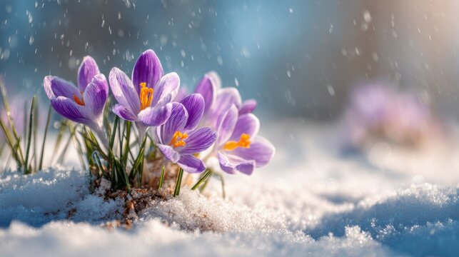 Spring snow ice thaw, end of Winter Season, hope, fresh start. A closeup of vibrant purple crocuses in the snow, their delicate petals contrasting against the white backdrop.