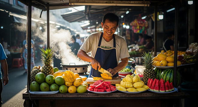 Smiling street vendor prepares fresh tropical fruit salad at a vibrant market stall