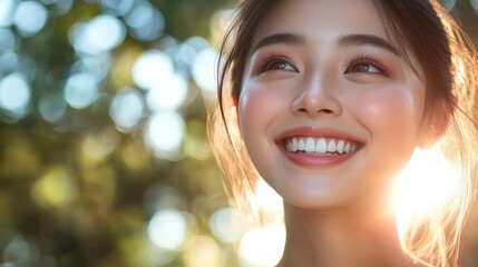Close-up portrait of a young Asian woman smiling brightly in natural sunlight, with bokeh background.